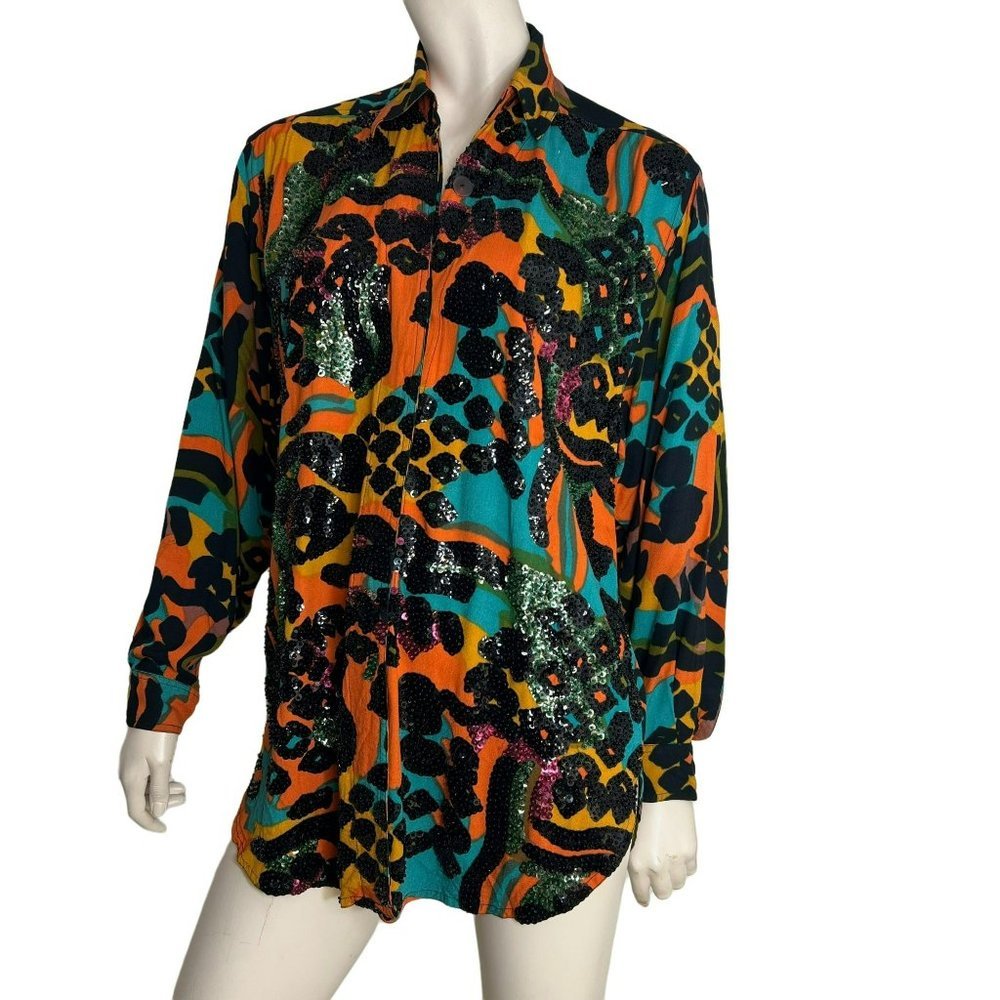 Cache Top Womens Medium Shirt Punk Animal Print Sequin Vintage